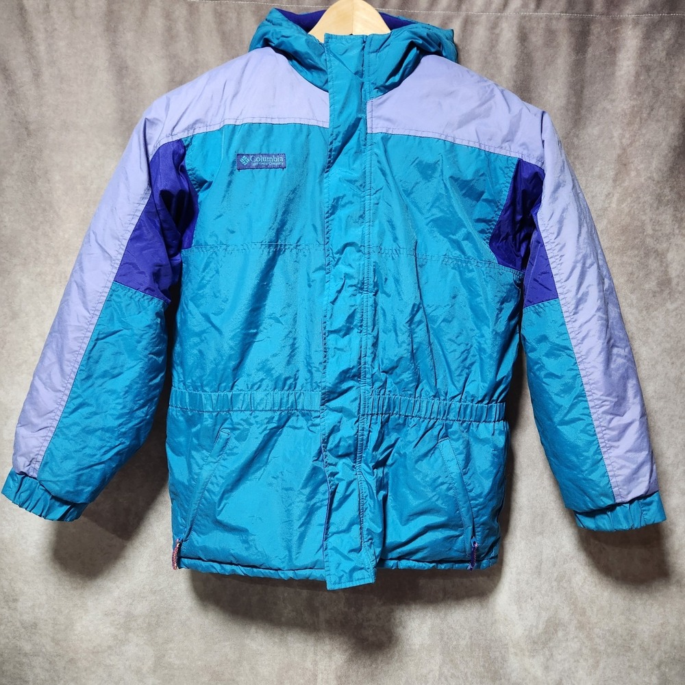 vintage 90's Youth COLUMBIA Ski Jacket Teal/Purples colorblock Hood 18/20 XL